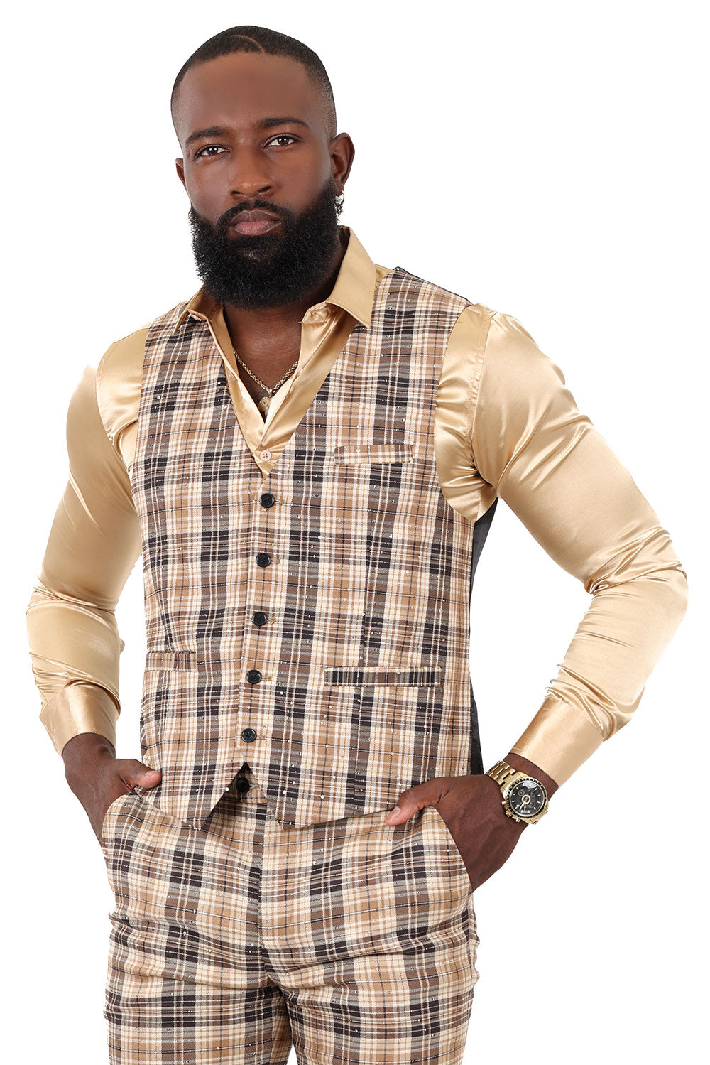 Barabas Men's Rhinestone Plaid Checkered Dress Slim Fit Vests 2VP210 Camel