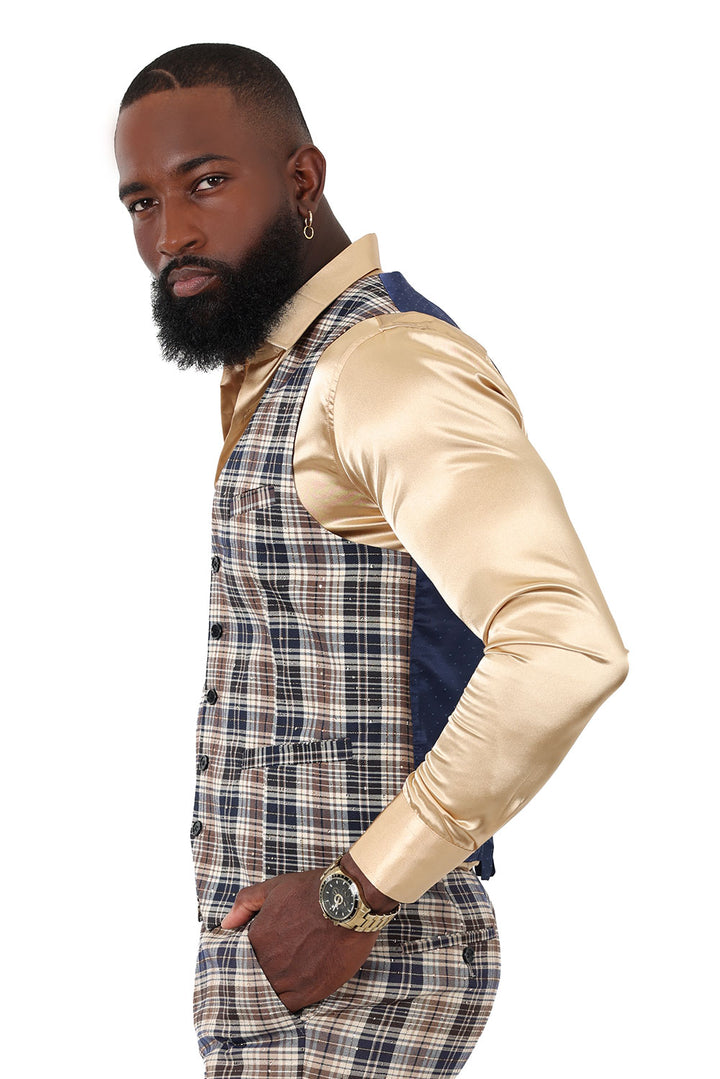 Barabas Men's Rhinestone Plaid Checkered Dress Slim Fit Vests 2VP210 Camel navy