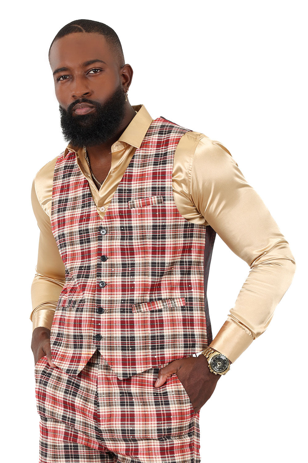 Barabas Men's Rhinestone Plaid Checkered Dress Slim Fit Vests 2VP210 Camel Red