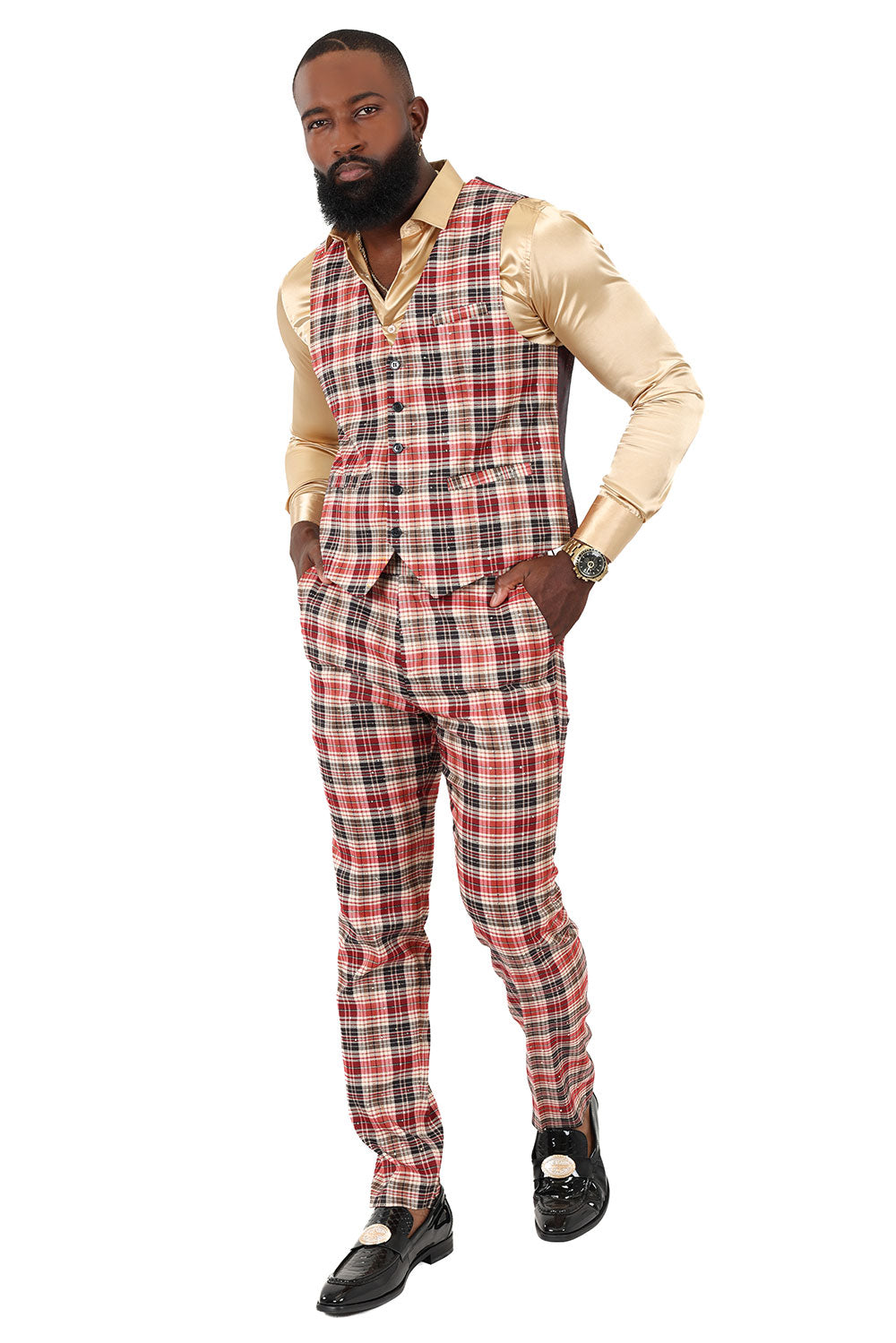 Barabas Men's Rhinestone Plaid Checkered Dress Slim Fit Vests 2VP210 Camel Red
