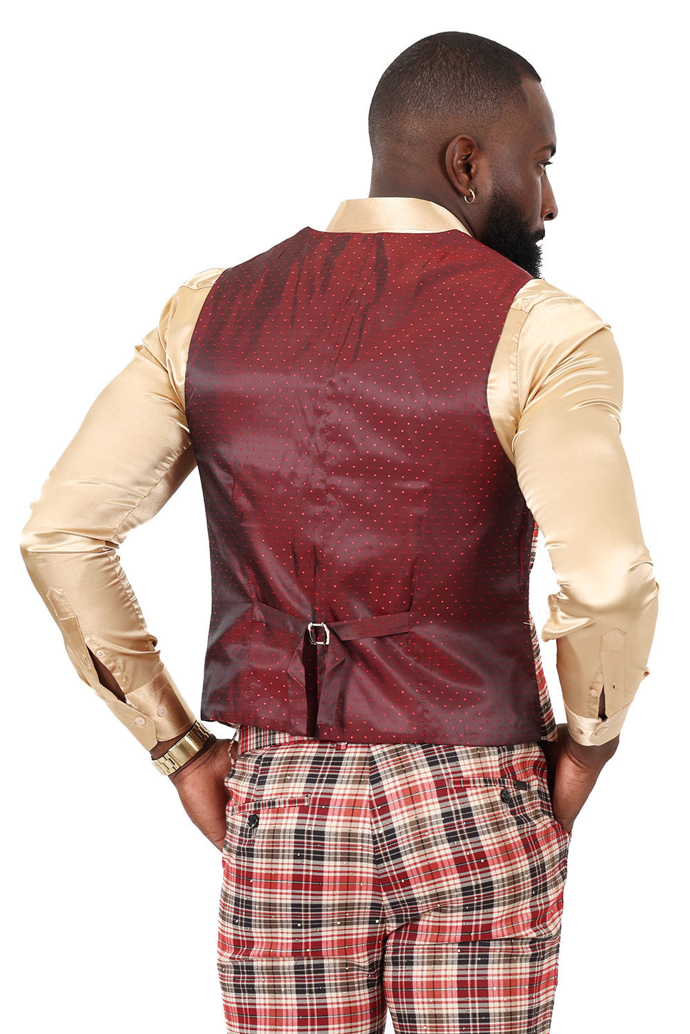 Barabas Men's Rhinestone Plaid Checkered Dress Slim Fit Vests 2VP210 Camel Red