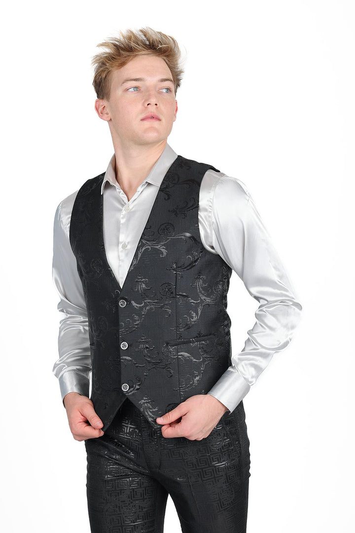 Barabas Men's Greek Key Pattern Floral Print Luxury Dress Vest 2VP3102 Black Silver 