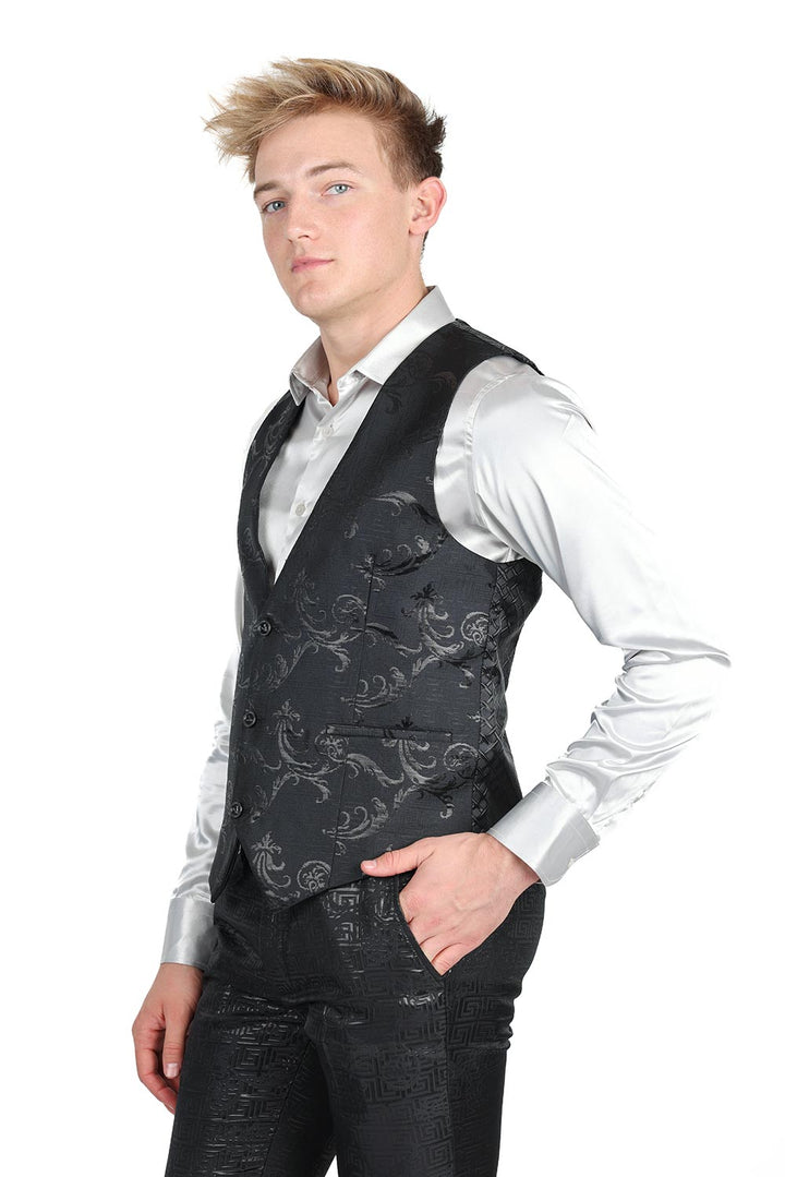 Barabas Men's Greek Key Pattern Floral Print Luxury Dress Vest 2VP3102 Black