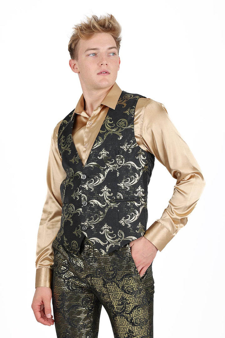 Barabas Men's Greek Key Pattern Floral Print Luxury Dress Vest 2VP3102 Black Gold