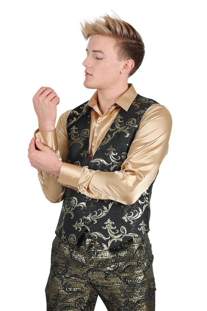 Barabas Men's Greek Key Pattern Floral Print Luxury Dress Vest 2VP3102 Black Gold 