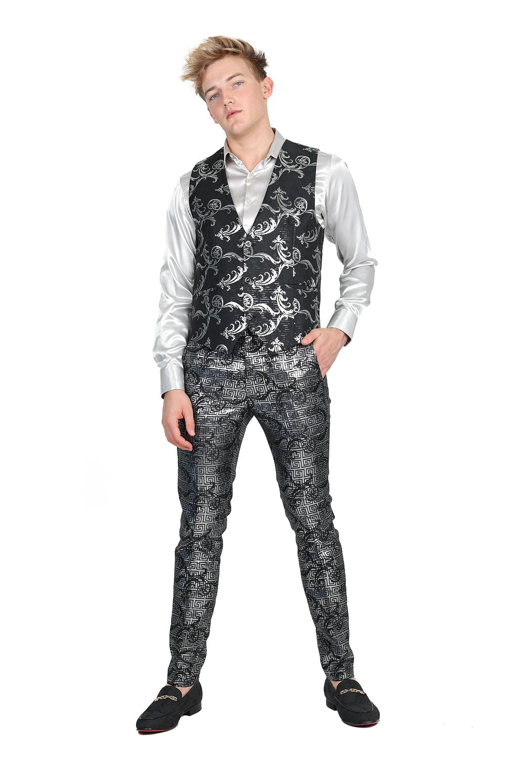 Barabas Men's Greek Key Pattern Floral Print Luxury Dress Vest 2VP3102 Black Silver