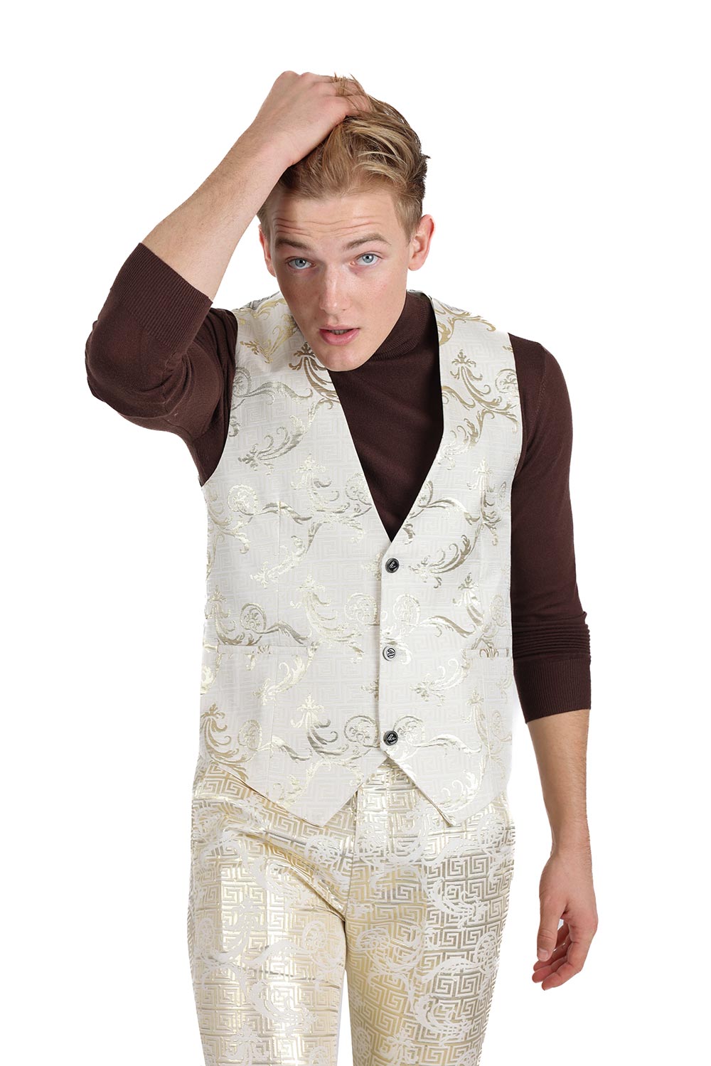 Barabas Men's Greek Key Pattern Floral Print Luxury Dress Vest 2VP3102 Cream Gold