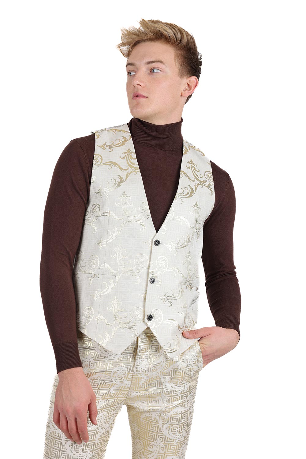 Barabas Men's Greek Key Pattern Floral Print Luxury Dress Vest 2VP3102 Cream Gold