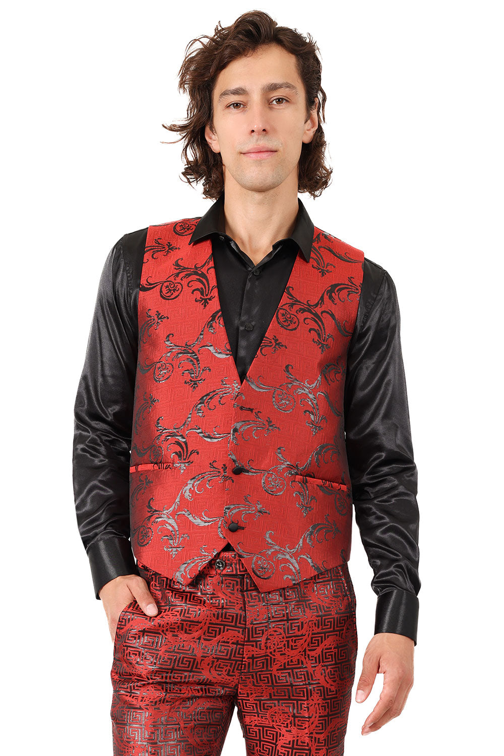 Barabas Men's Greek Key Pattern Floral Print Luxury Dress Vest 2VP3102 Red