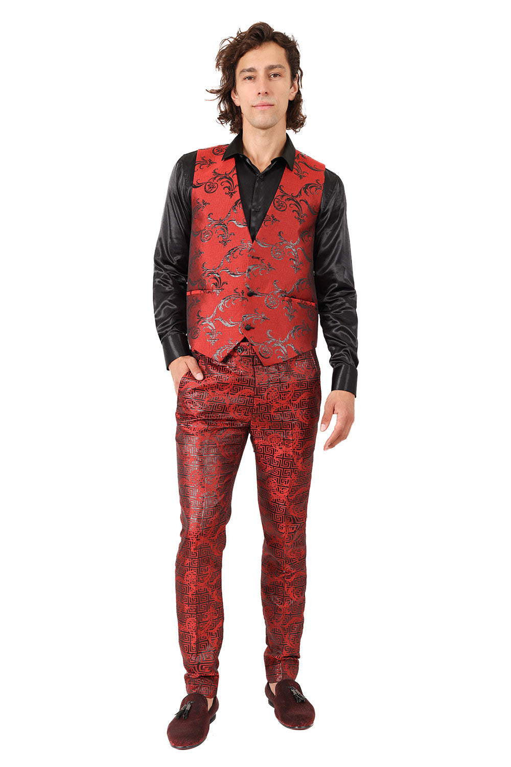 Barabas Men's Greek Key Pattern Floral Print Luxury Dress Vest 2VP3102 Red