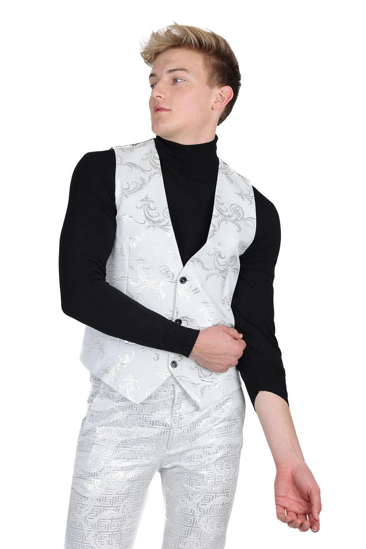 Barabas Men's Greek Key Pattern Floral Print Luxury Dress Vest 2VP3102 White Silver