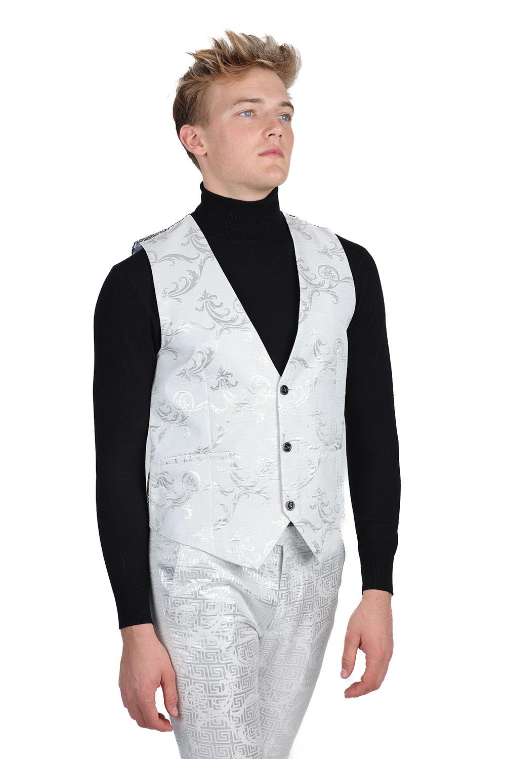 Barabas Men's Greek Key Pattern Floral Print Luxury Dress Vest 2VP3102 White Silver 