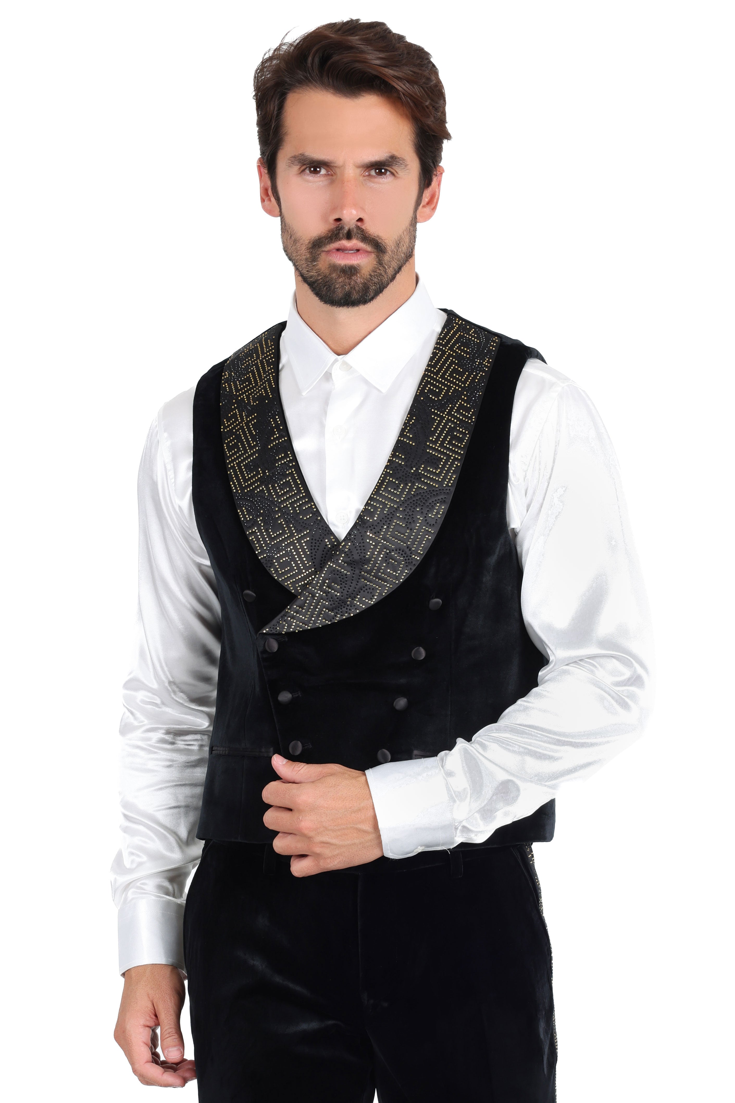 Barabas Mens Rhinestone Greek Key Print Luxury Dress Velvet Vest 2VPR3 Black Gold