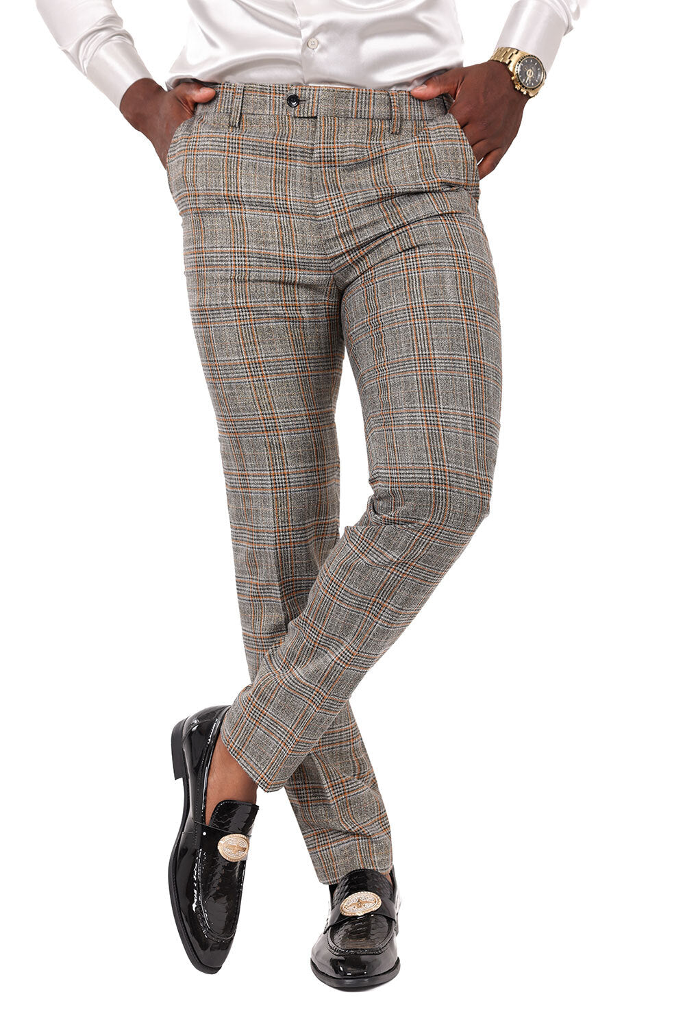 Barabas Men's Printed Checkered Plaid Design Chino Pants 2CP188 Mocha Gold