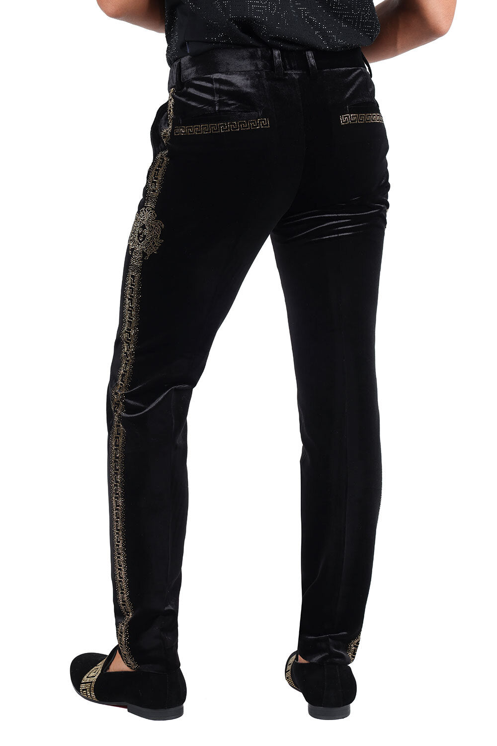 Barabas Men's Medusa Greek key Print Rhinestones Velvet Pants 2CPV10 Black and Gold