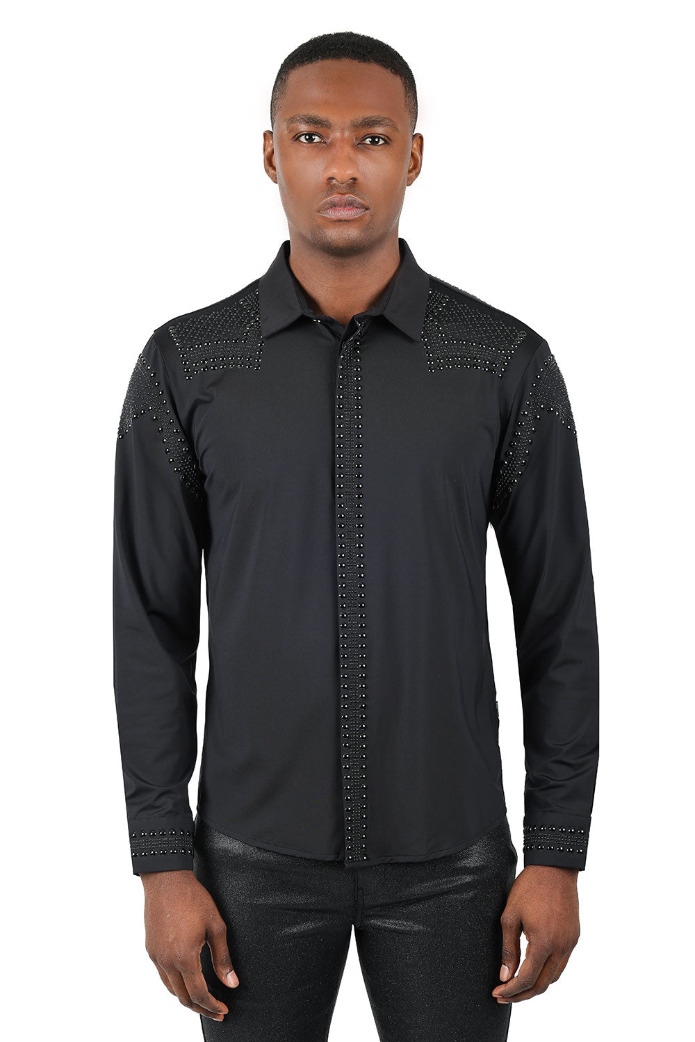 Barabas Men's Studded Premium Solid Long Sleeve Shirts 3B24 Black Black