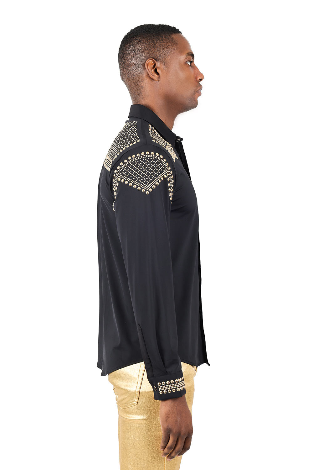 Barabas Men's Studded Premium Solid Long Sleeve Shirts 3B24 Black