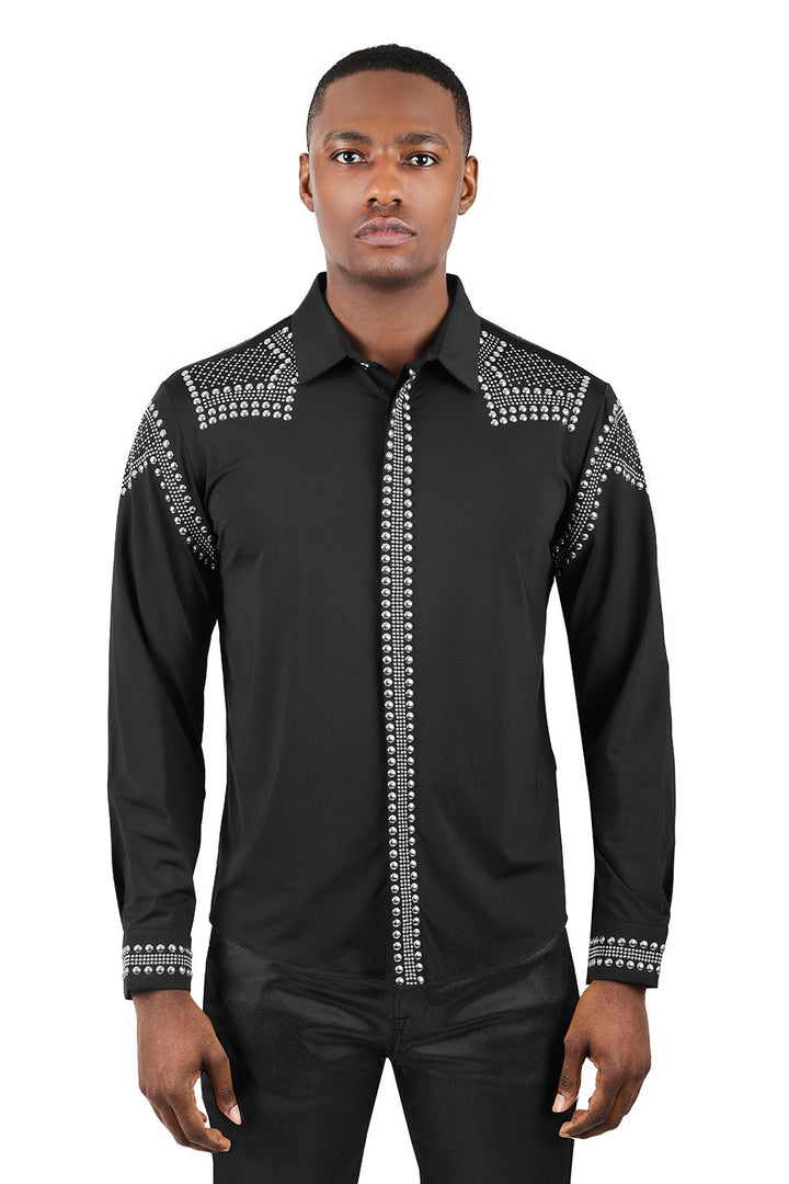 Barabas Men's Studded Premium Solid Long Sleeve Shirts 3B24 Black