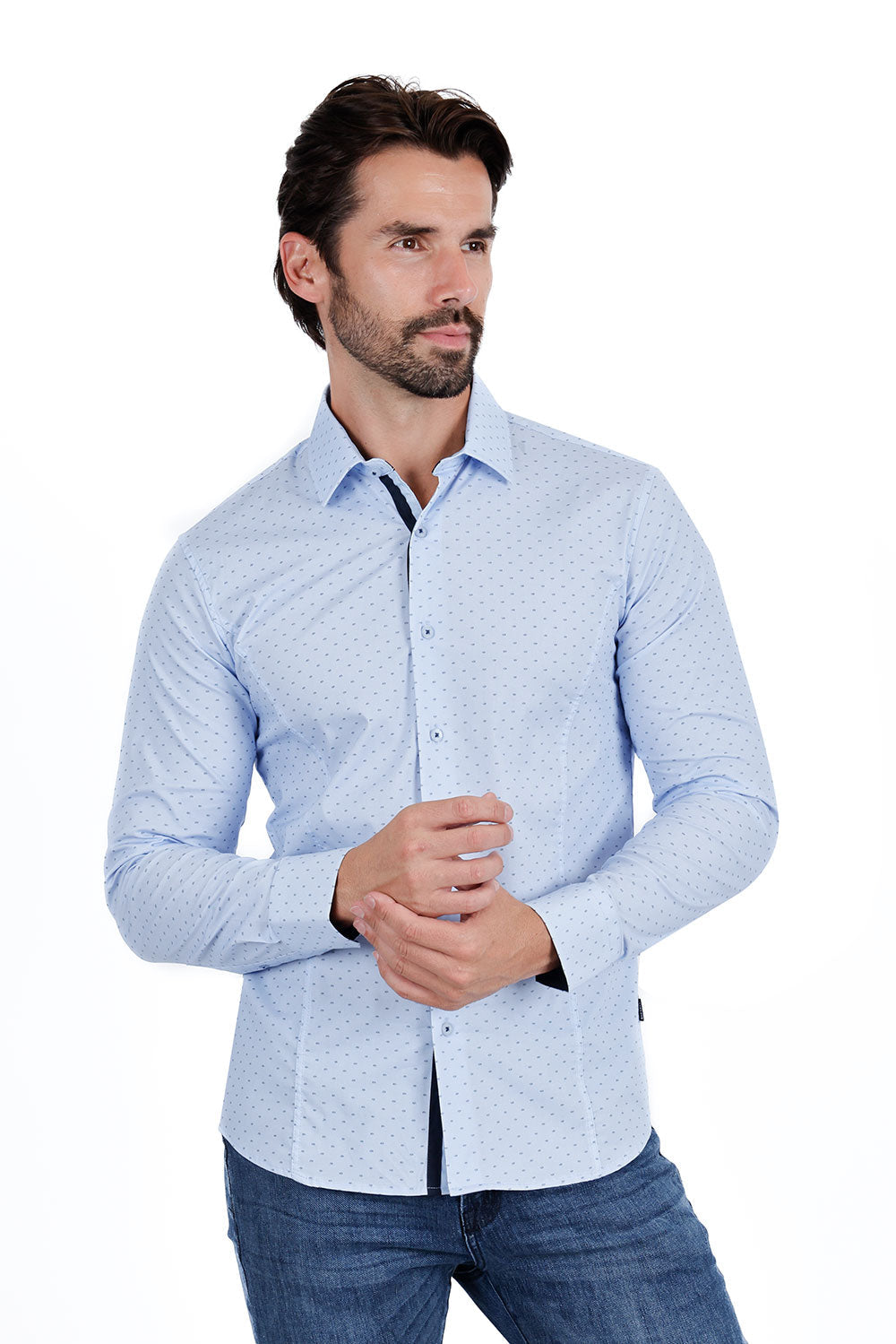 BARABAS Men's Solid Color Polka Dot Print Long Sleeve Shirts 3B358 Blue