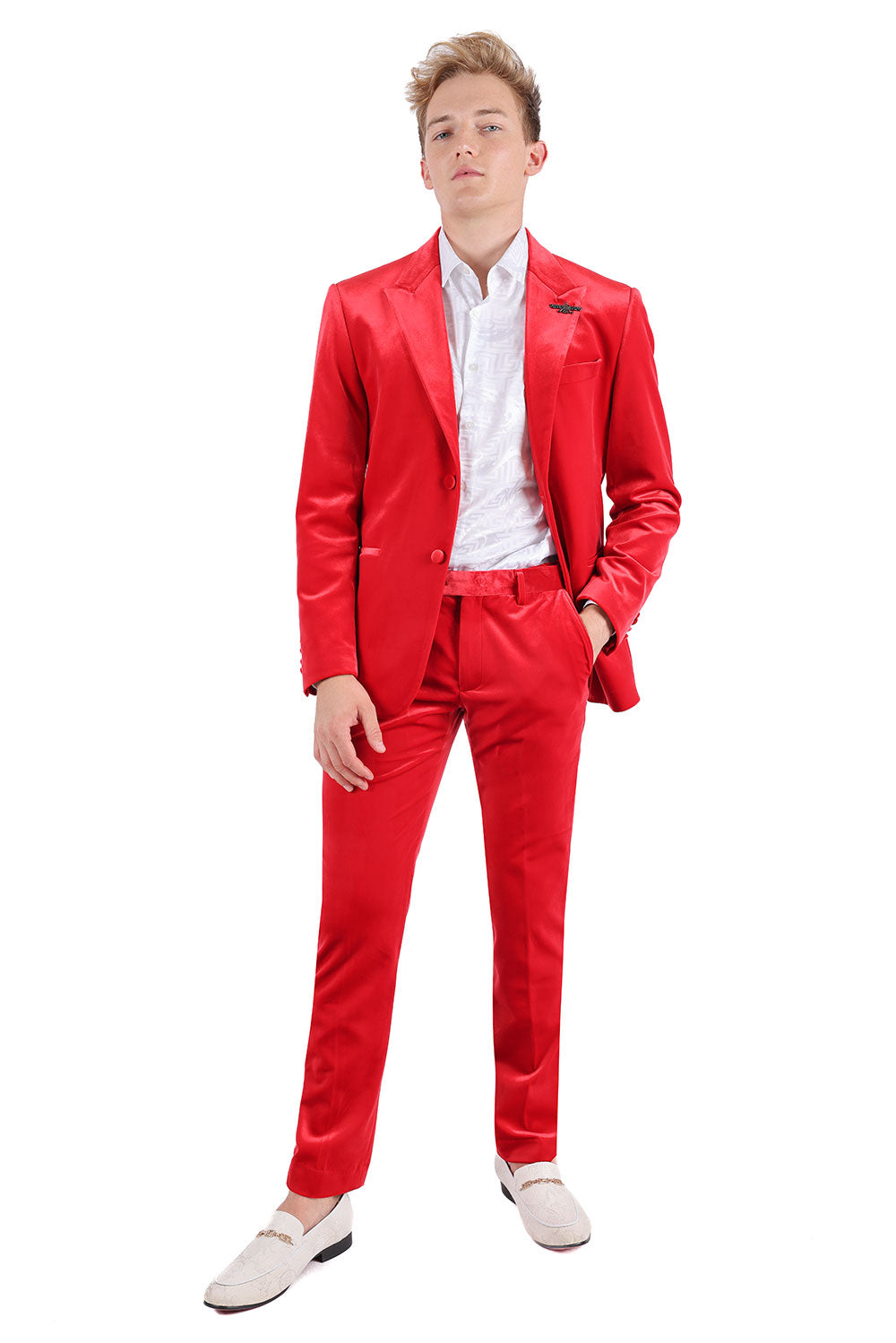 BARABAS Men's Velvet Shiny Finish Peak Lapel Blazer 3BL04 Red