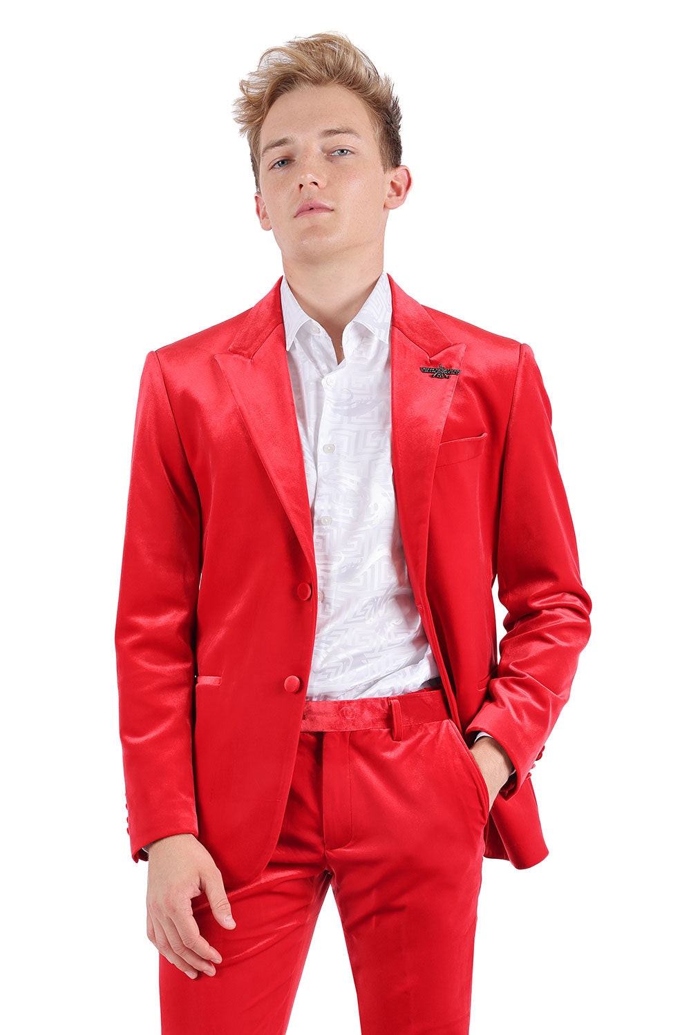 BARABAS Men's Velvet Shiny Finish Peak Lapel Blazer 3BL04 Red