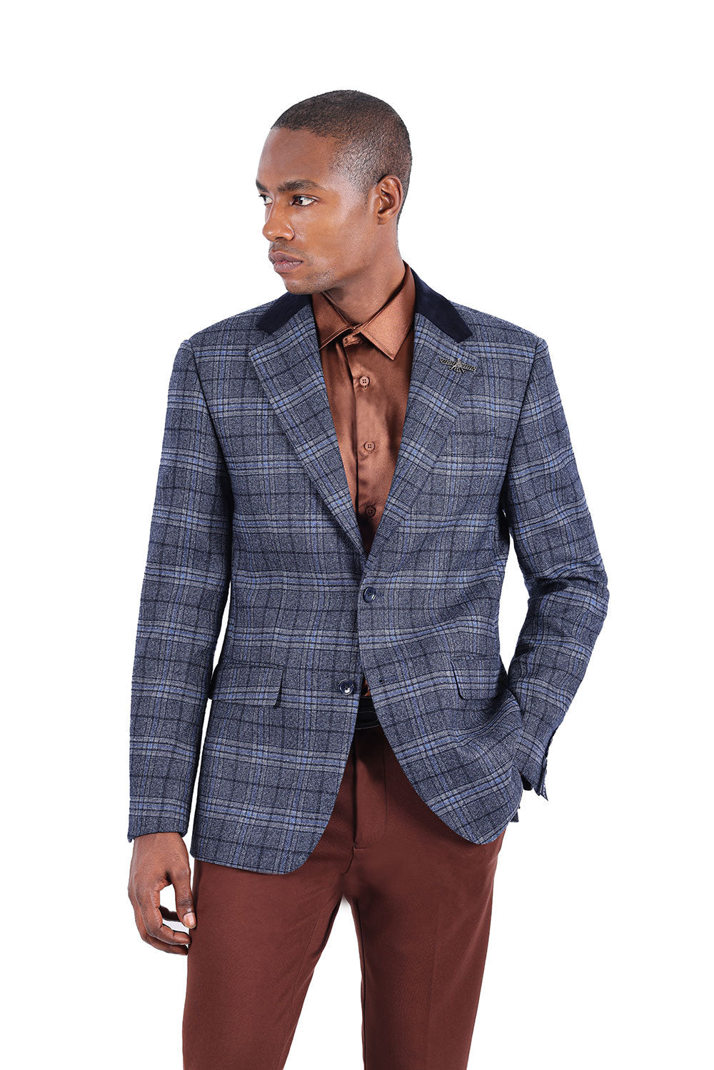 BARABAS Men's Plaid Tuxedo Sport Coat Blazer 3BL08 Blue