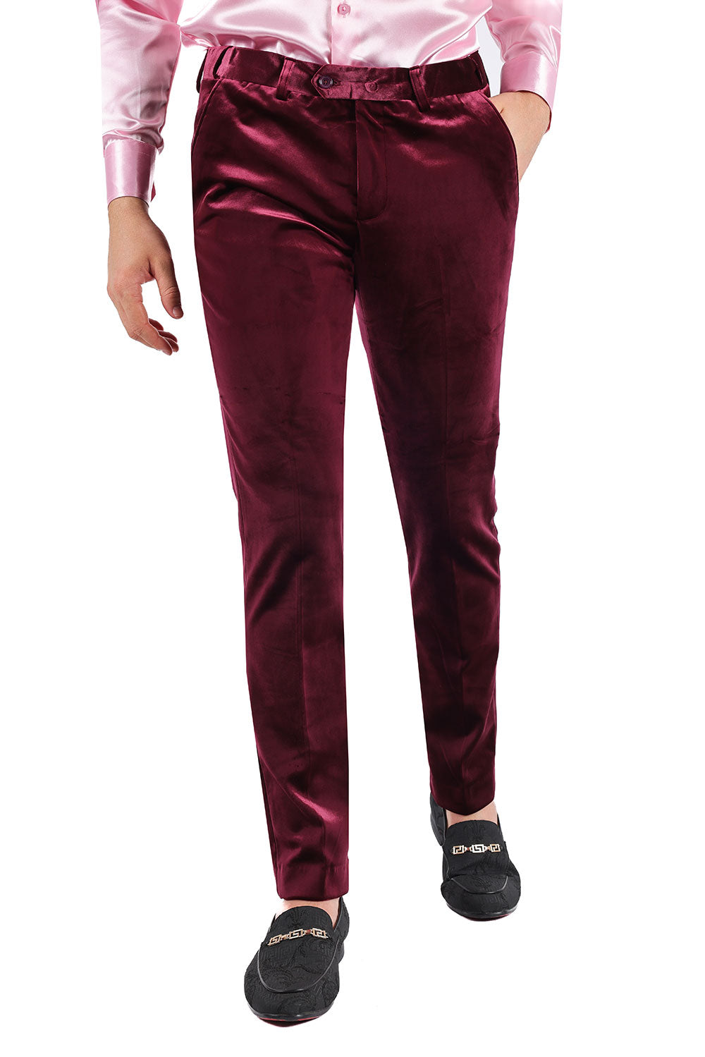Barabas Men's Velvet Shiny Chino Solid Color Dress Pants 3CP04 Burgundy