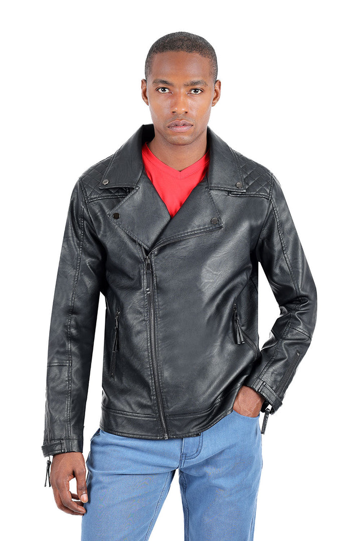 BARABAS Men's Faux Leather Zipper Closure Motorcycle Jacket 3JPU20 Black