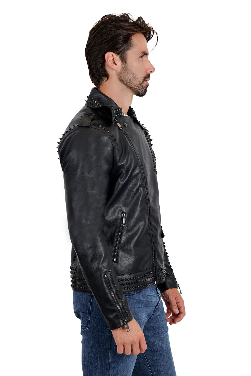 Barabas Men's Spiked Premium Motorcycle Biker Jacket 3JPU26 Black and Black