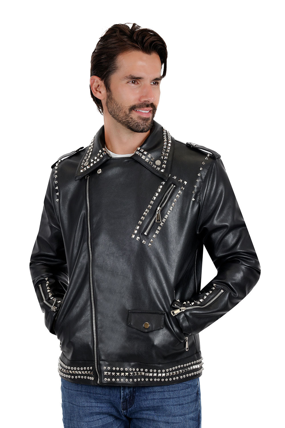 Barabas Men's Spiked Premium Motorcycle Biker Jacket 3JPU26 Black and Silver