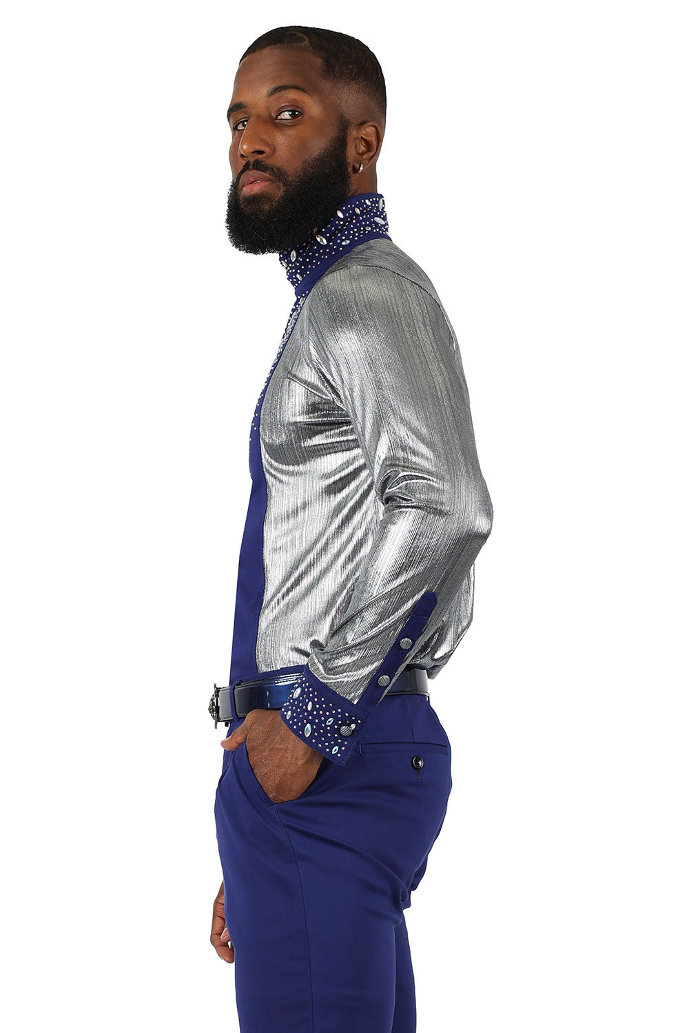 BARABAS Men's Luxury Rhinestone Long Sleeve Turtle Neck shirt 3MT04 Silver and Royal