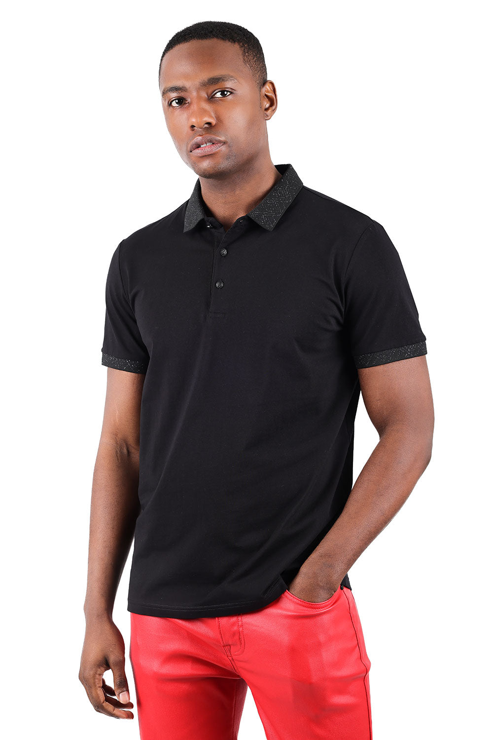 Barabas Men's Collar Pattern Short Sleeve Solid Color Shirts 3P01 Black