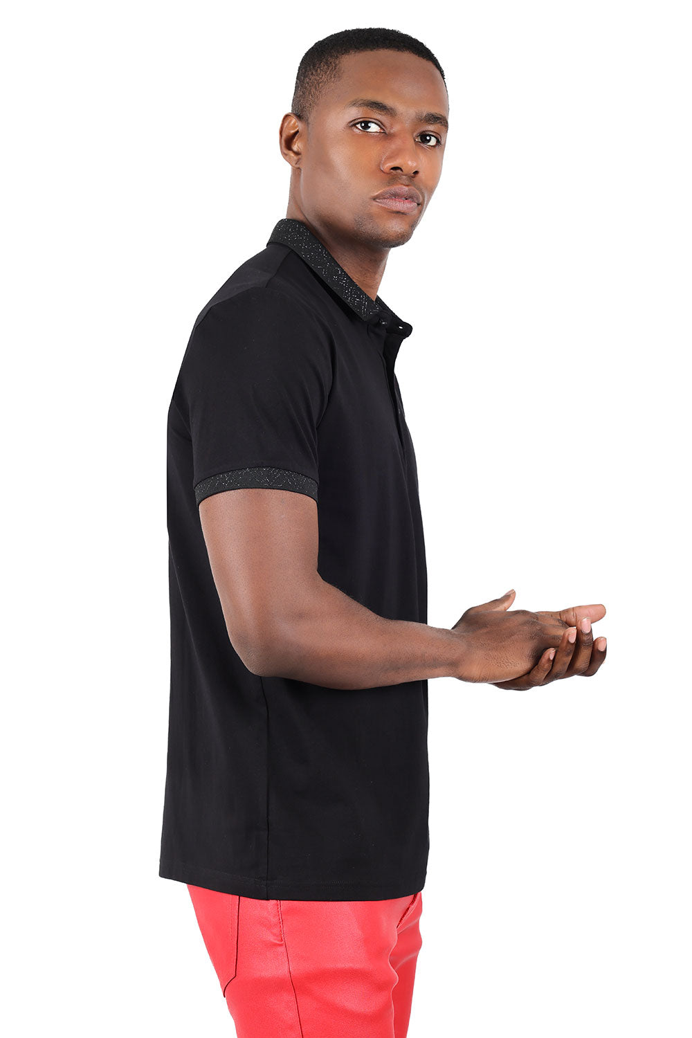 Barabas Men's Collar Geo Pattern Short Sleeve Solid Polo Shirts 3P01 Black