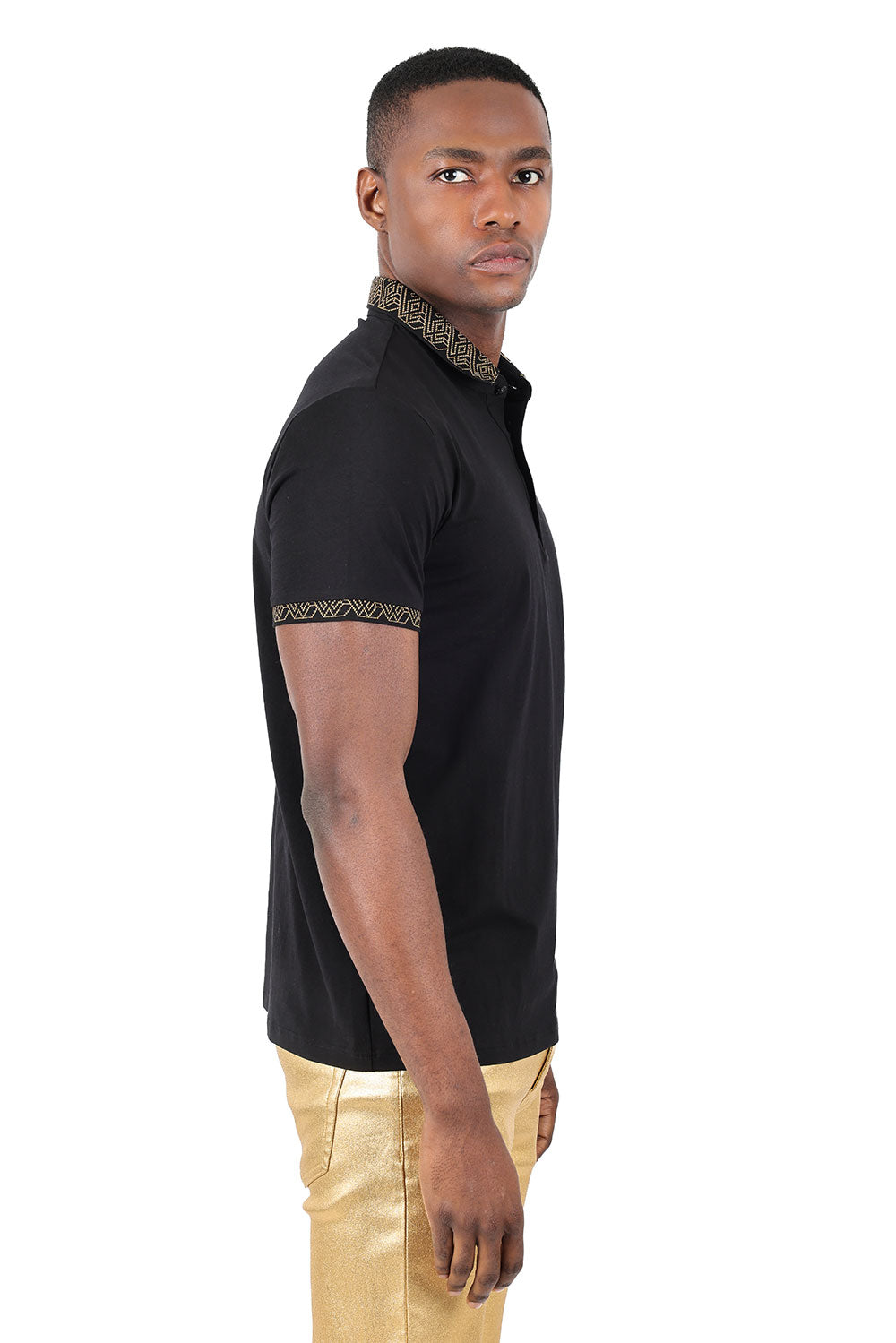 Barabas Men's Collar Pattern Short Sleeve Solid Color Shirts 3P01 Black Gold