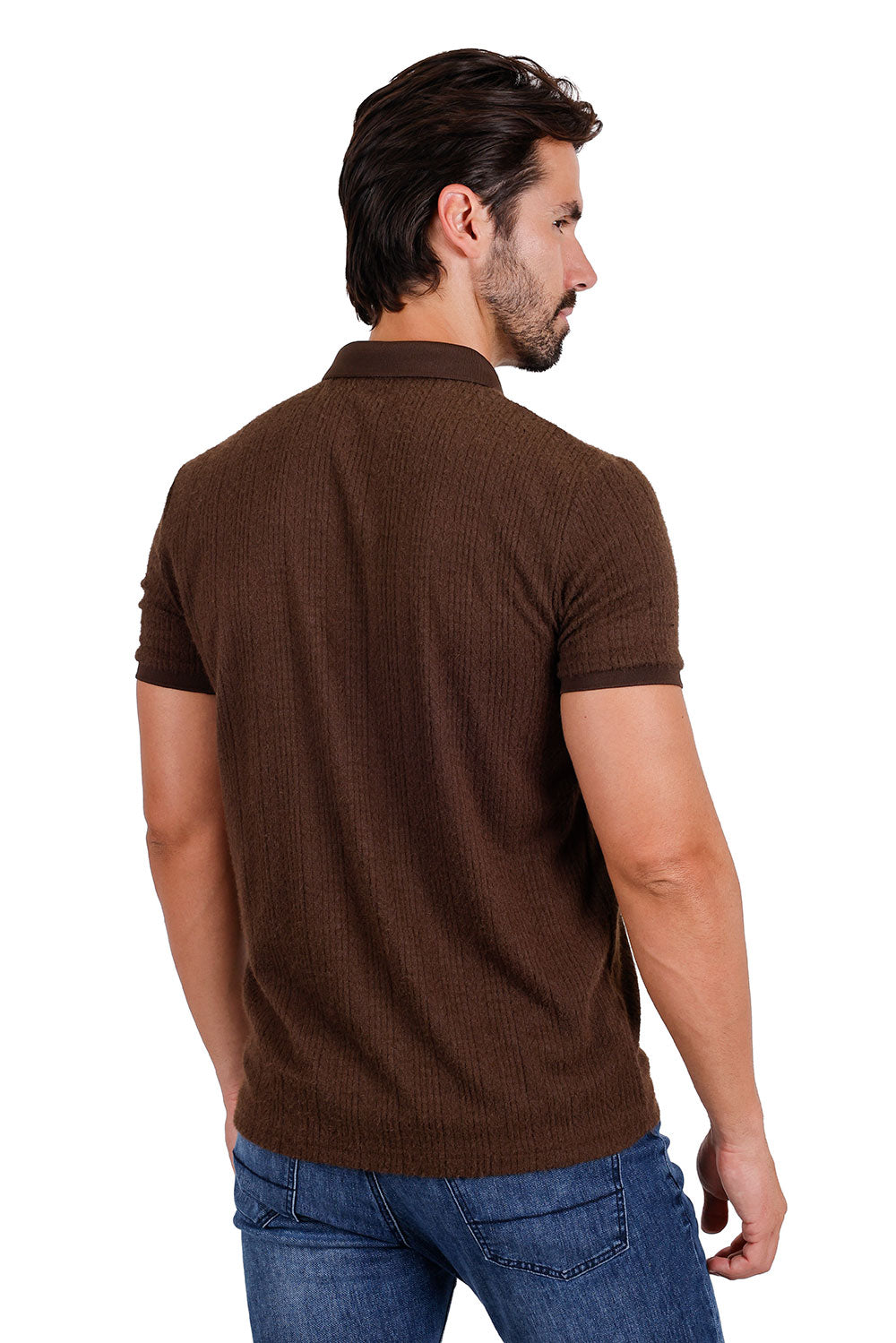 Men's solid color stretch feather feel polo short sleeve shirt 3P03 Chocolate