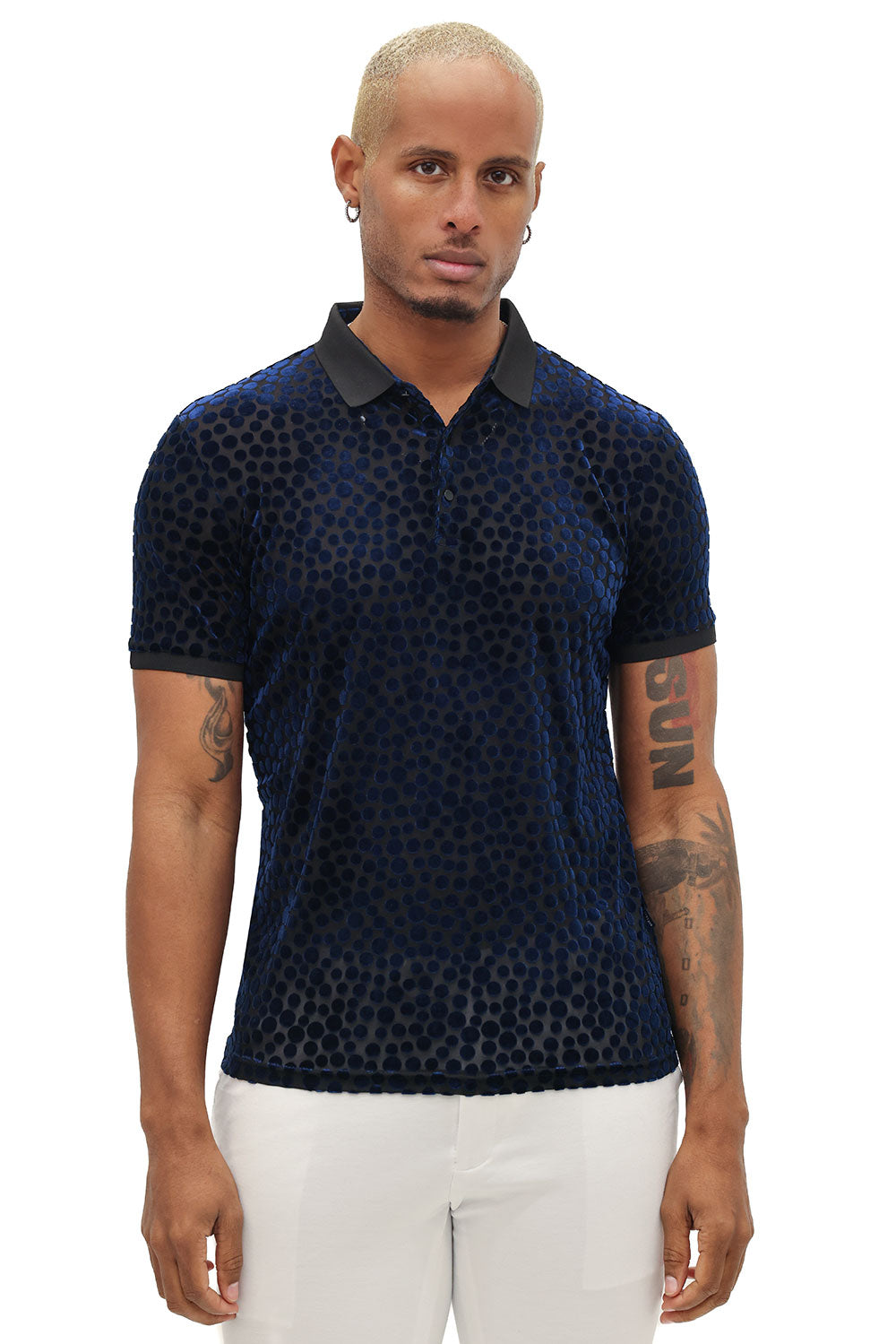 BARABAS Men's Polka Dotted See Through Short Sleeve Polo Shirts 3PP835 Navy