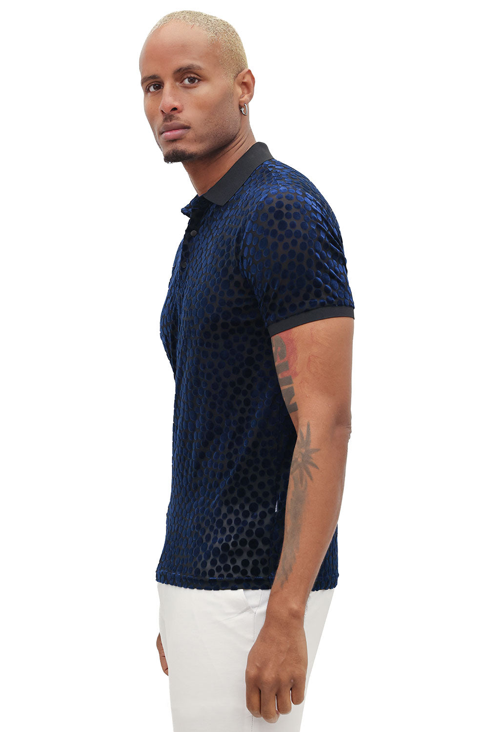 BARABAS Men's Polka Dotted See Through Short Sleeve Polo Shirts 3PP835 Navy