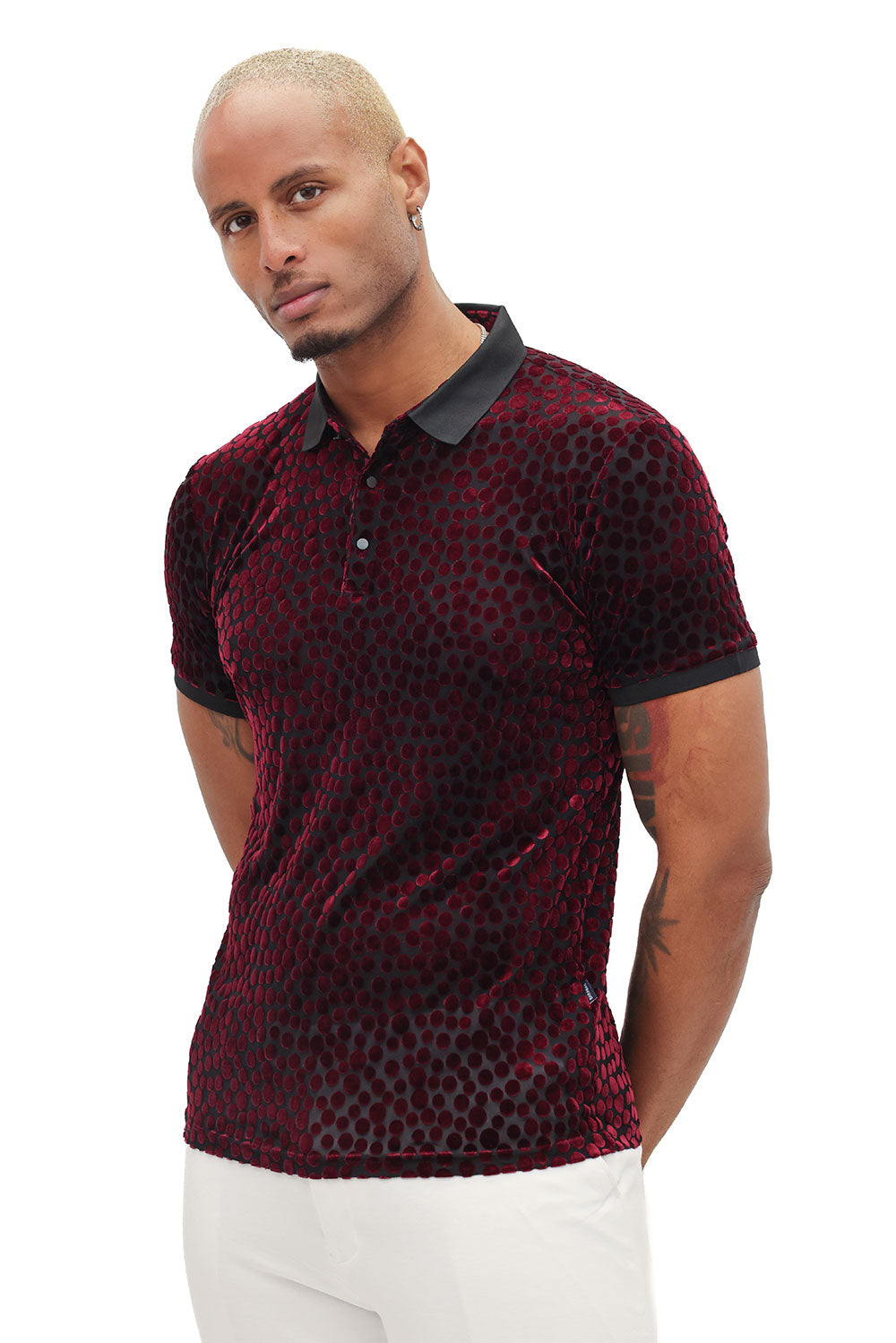 BARABAS Men's Polka Dotted See Through Short Sleeve Polo Shirts 3PP835 Wine