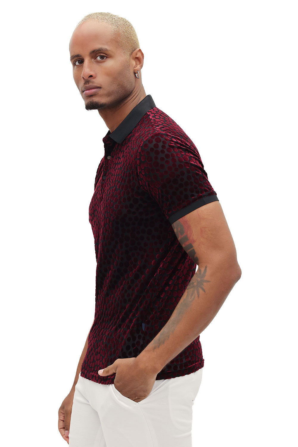 BARABAS Men's Polka Dotted See Through Short Sleeve Polo Shirts 3PP835 Wine