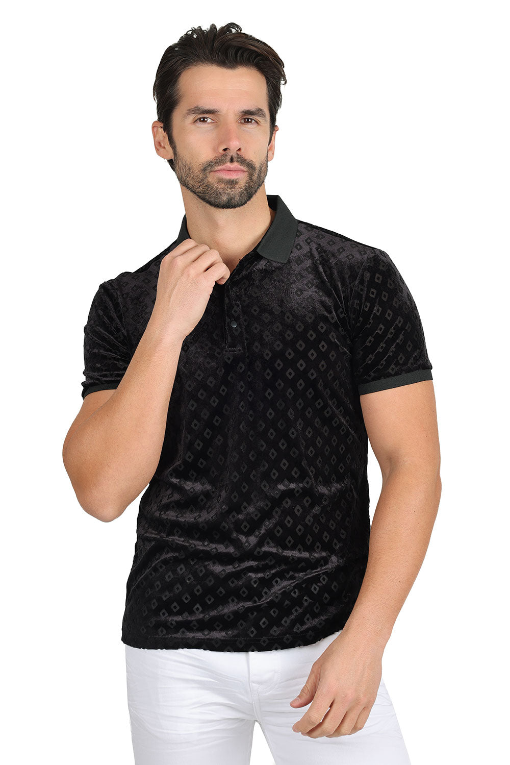 BARABAS Men's Textured Diamond Design Short Sleeve Polo Shirts 3PP837 Black