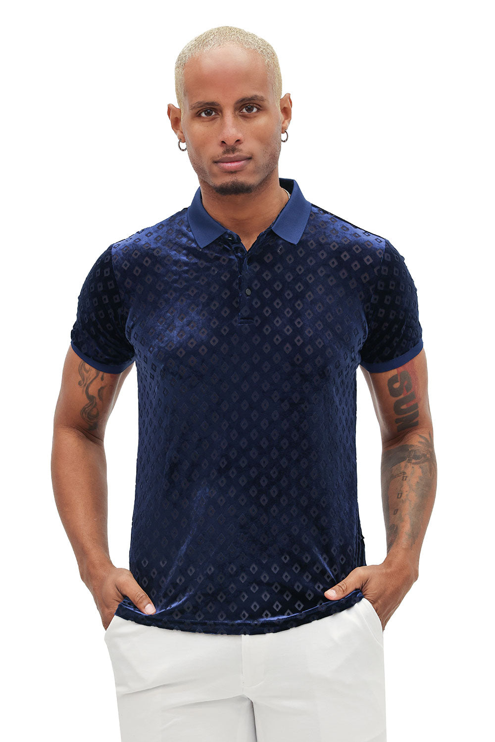 BARABAS men's diamond pattern short sleeve polo shirts 3PP837 Navy