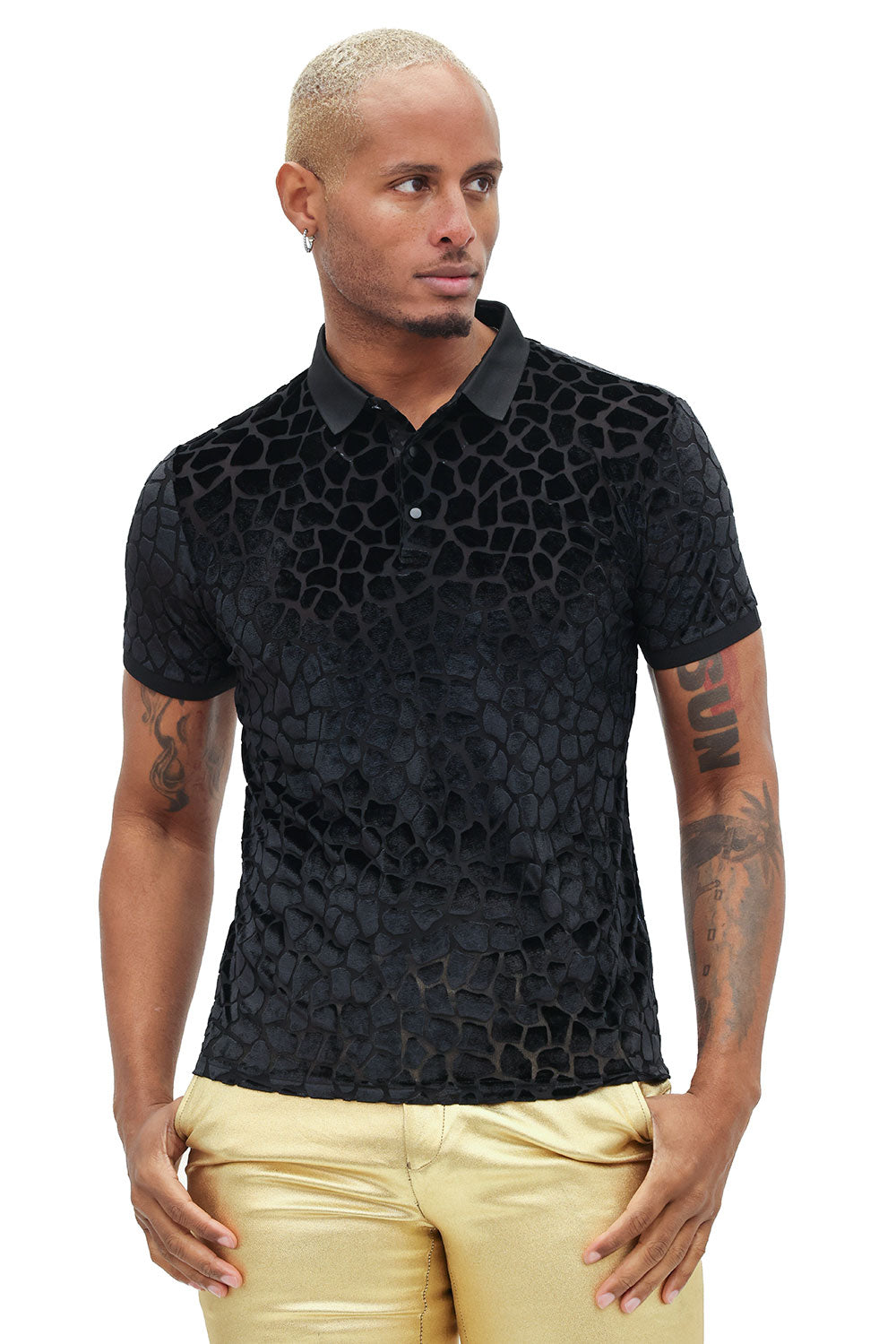 BARABAS Men's Leopard See Through Short Sleeve Polo Shirts 3PP838 Black