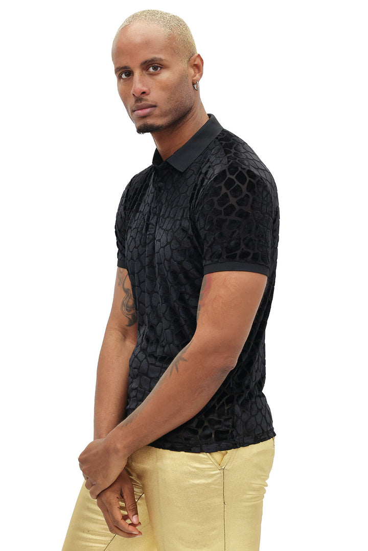 BARABAS Men's Leopard See Through Short Sleeve Polo Shirts 3PP838 Black