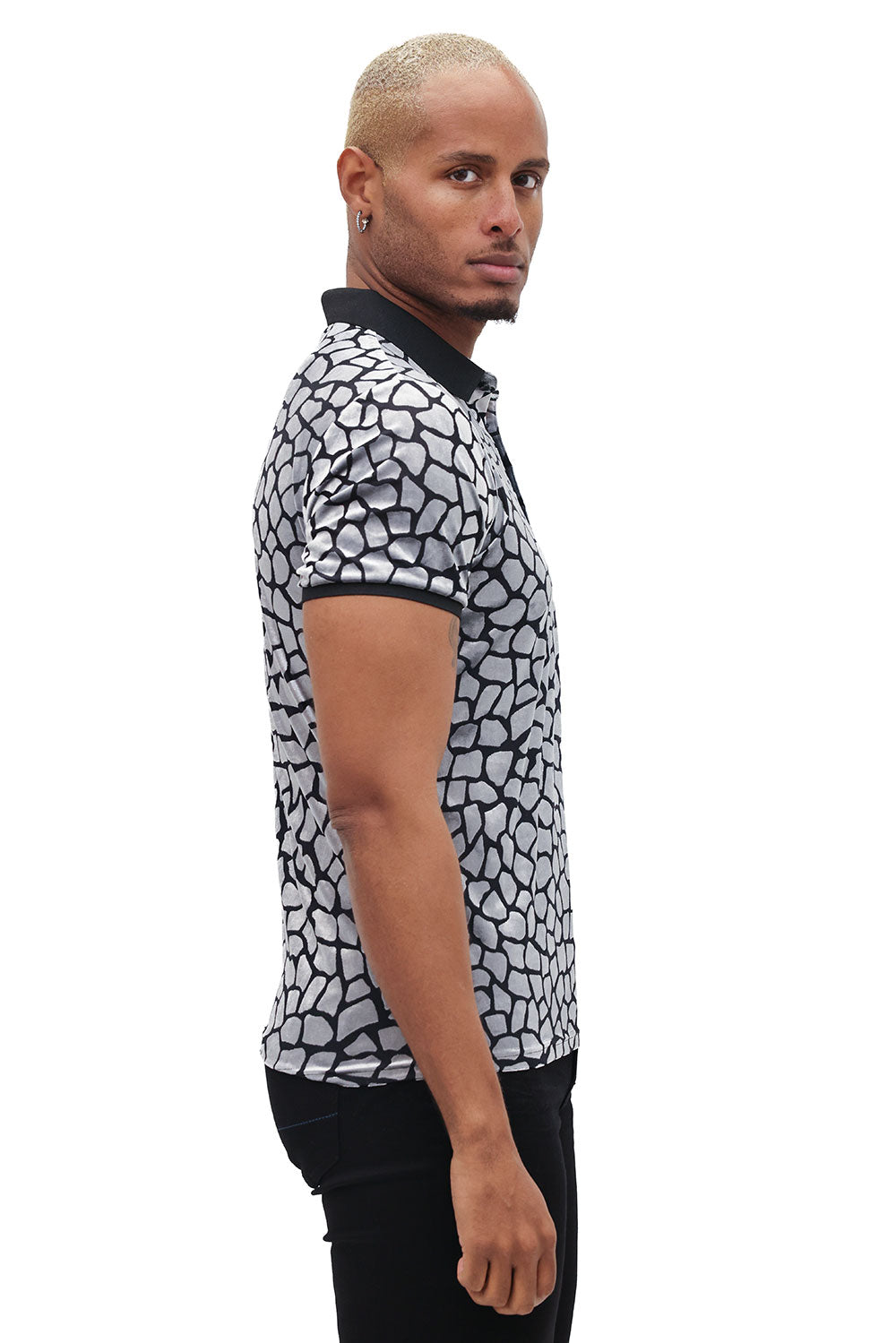 BARABAS Men's Leopard See Through Short Sleeve Polo Shirts 3PP838 Black Silver