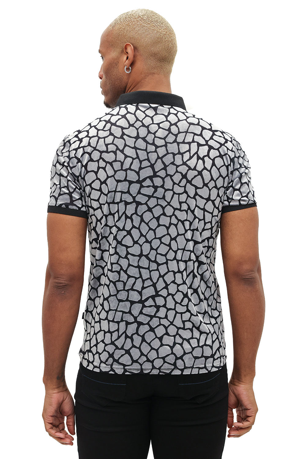 BARABAS Men's Leopard See Through Short Sleeve Polo Shirts 3PP838 Black Silver