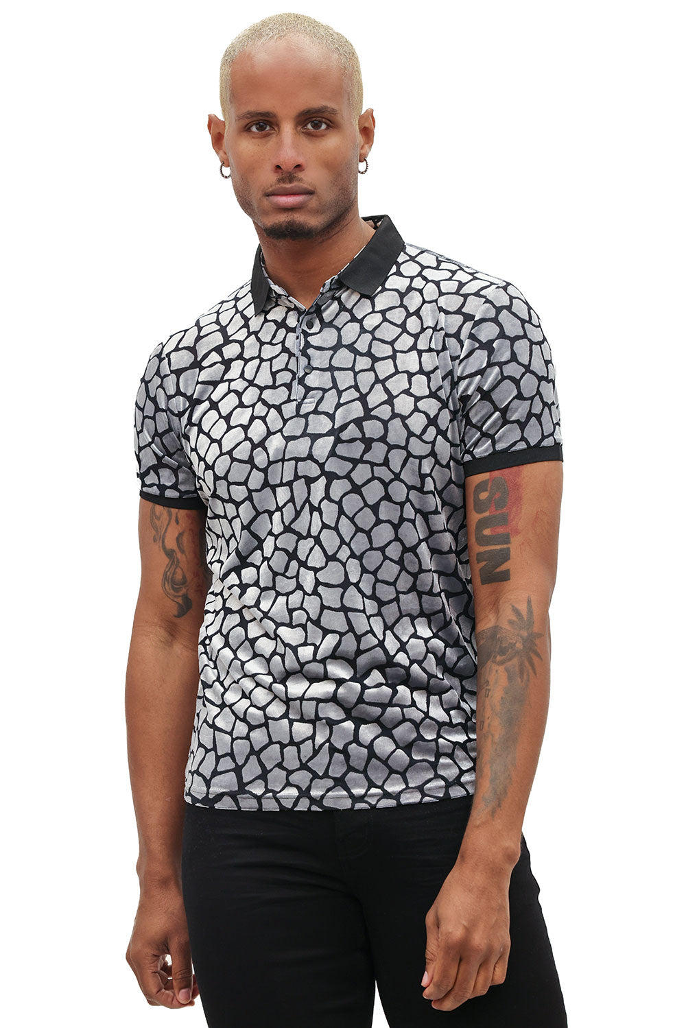 BARABAS Men's Leopard See Through Short Sleeve Polo Shirts 3PP838 Black Silver