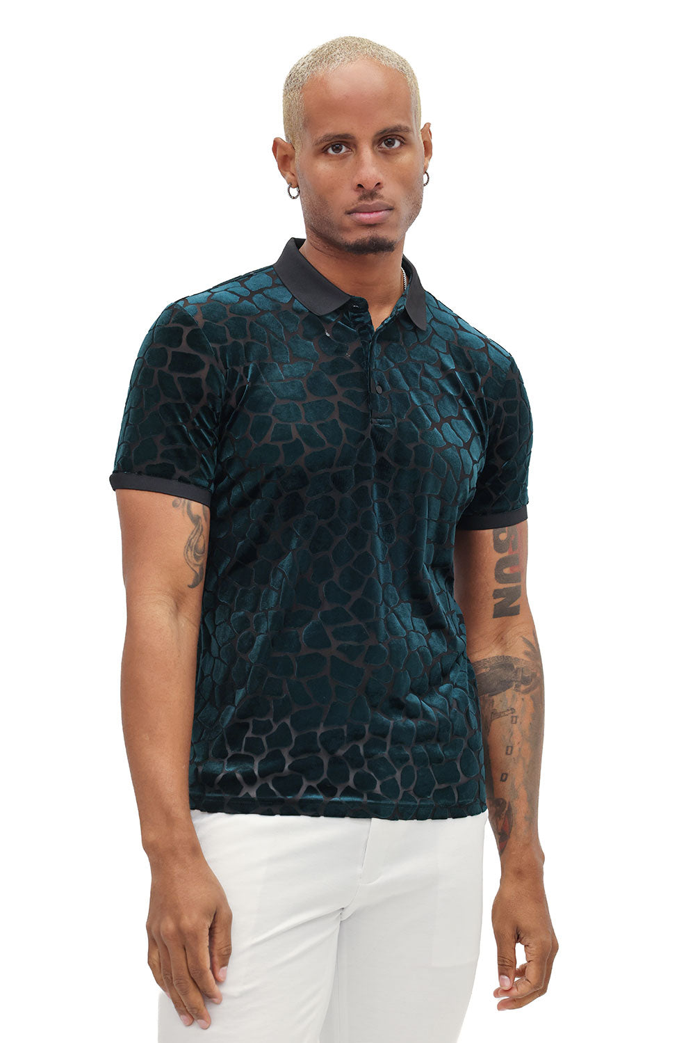 BARABAS Men's Leopard See Through Short Sleeve Polo Shirts 3PP838 Emerald Green