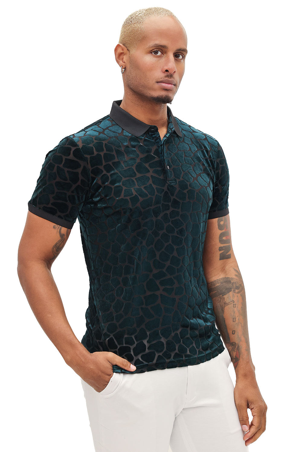 BARABAS Men's Leopard See Through Short Sleeve Polo Shirts 3PP838 Emerald Green