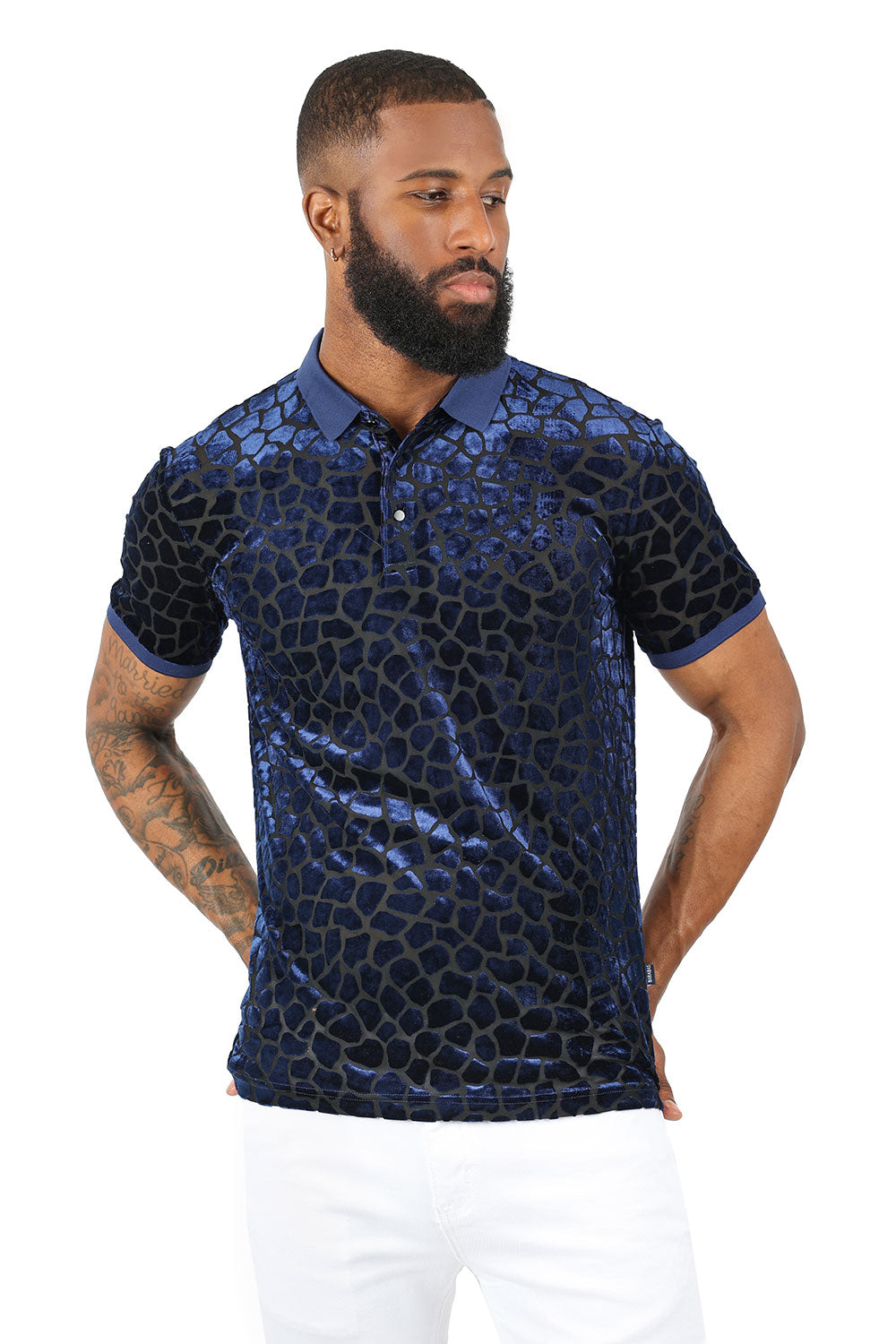 BARABAS Men's Leopard See Through Short Sleeve Polo Shirts 3PP838 Navy