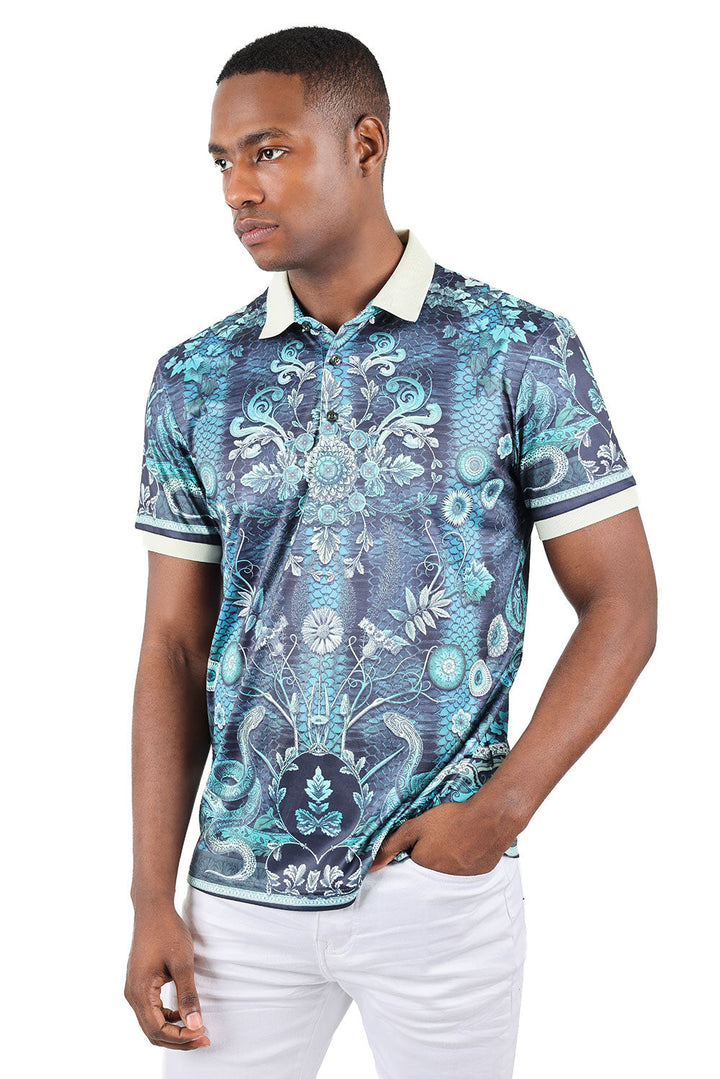Barabas men's Floral Snake Skin Pattern Graphic Tee Polo Shirts 3PSP08 Green